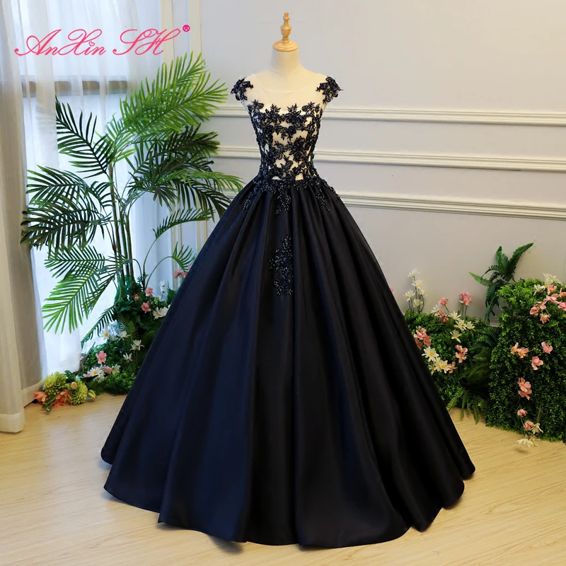 

AnXin SH Princess rose flower beading crystal o neck illusion navy blue lace ball gown bride host party red lace evening dress