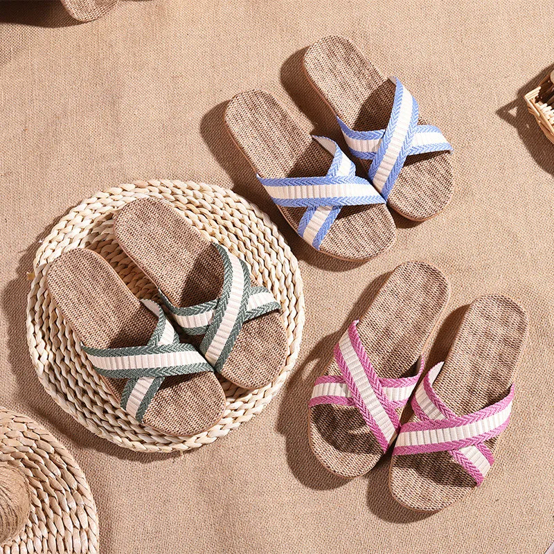 

Summer Natural Linen Slippers Women's Home Indoor Sandals Unisex Flax Non-Slip Slides Breathable Sweat-Absorbent Couples Shoes