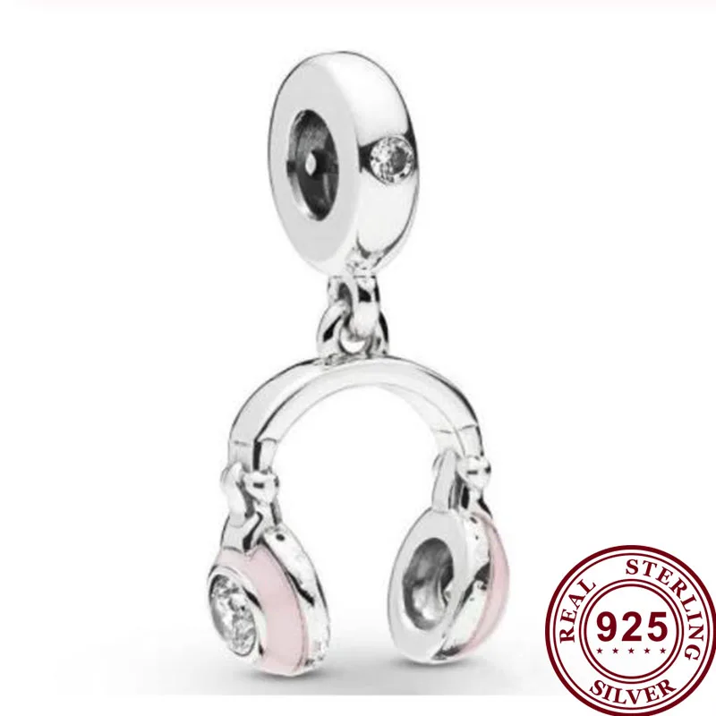 

100% 925 Sterling Silver Charm Creative Pink Girl Earphone Pendant Fit Pandora Women Bracelet & Necklace Diy Jewelry