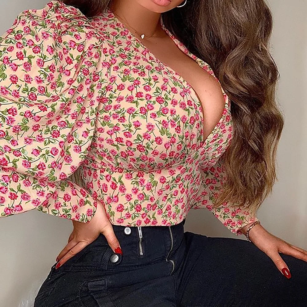 

New French Style Puff Sleeve Blouses Deep V Neck Ruched Floral Printed Female Shirts Summer Hot Fashion Blouse Ladies Casual