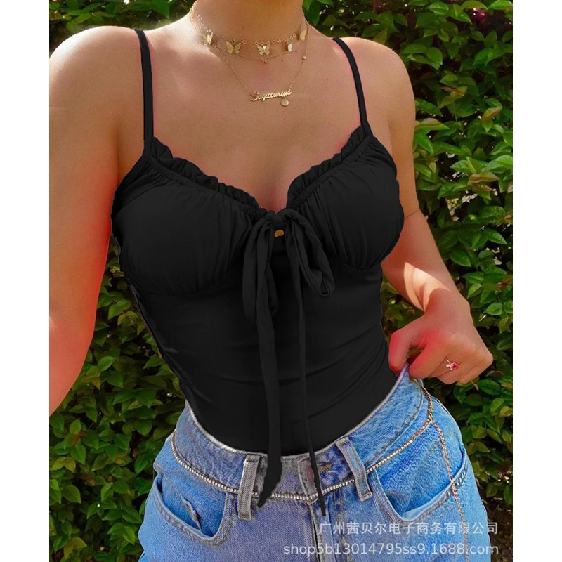 

Mandylandy T-shirt Summer V-neck Backless Spaghetti Strap Sleeveless T-shirt Women's Sexy Solid Color Slim Fit Lace Up T-shirt