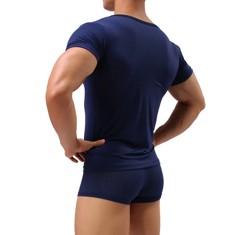 Sexy Undershirts Mens Clothes Set Breathable Shirt Men Underwear Set Male Undershirts Fitness Tops Pajamas Boxer Shorts