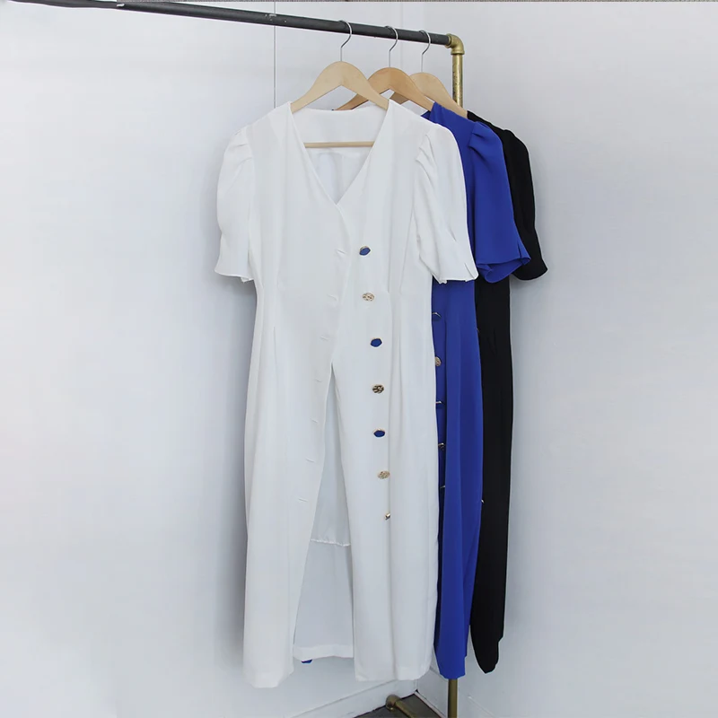 

Women Vintage Puff Short Sleeve Midi Dress High Waist V-Neck Single Breasted Dresses Female Summer Elegant White Ladies Vestidos