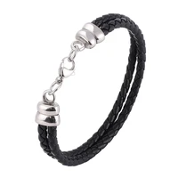 trendy double layer black braided leather bracelet men stainless steel lobster clasp wristband for women casual jewelry pd1092