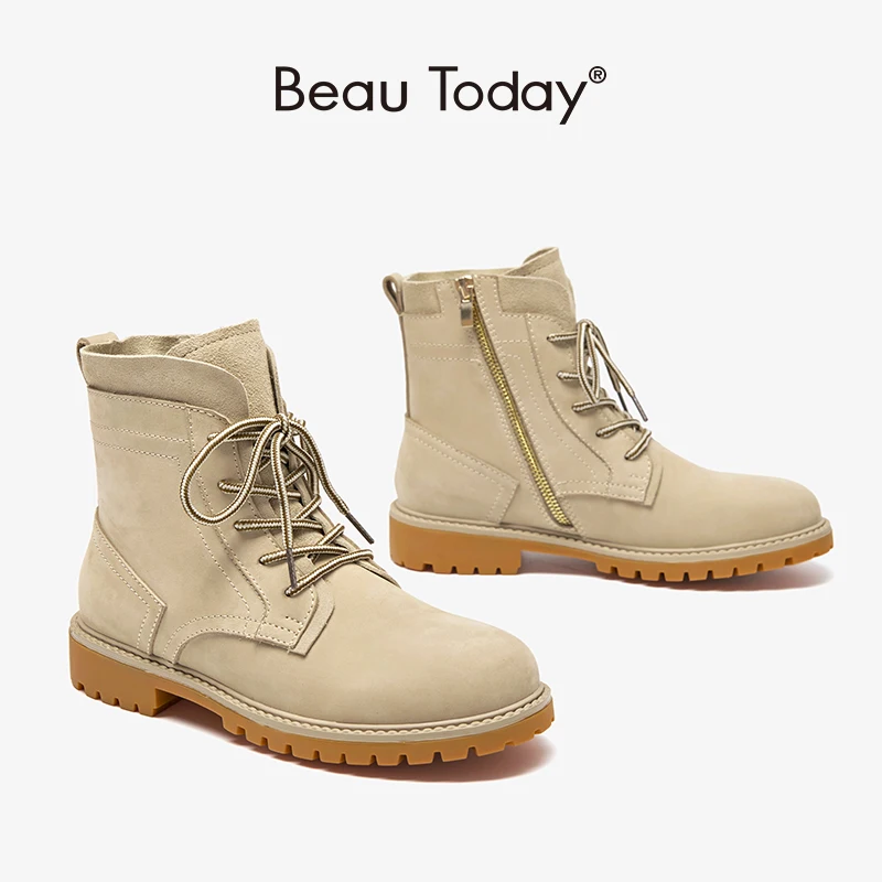 

Desert Boots Women Cow Suede Leather Motorcycle Boots Cross-Tied Zip Autumn Winter Lady Ankle Shoes Handmade BeauToday 04202