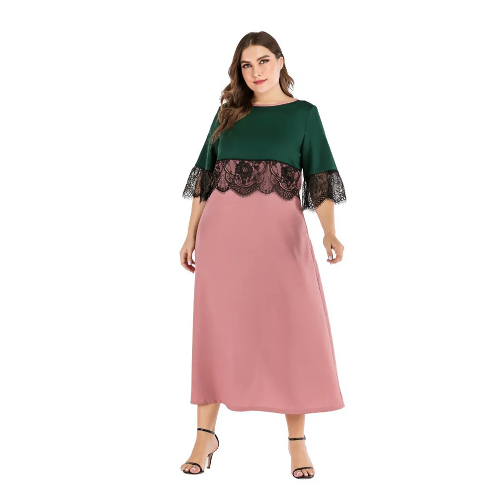 

Plus Size 4XL Lace Abaya Muslim Women Short Sleeve Long Maxi Dress Dubai Kaftan Turkish Loose Arabic Robe Gown Islamic Clothing