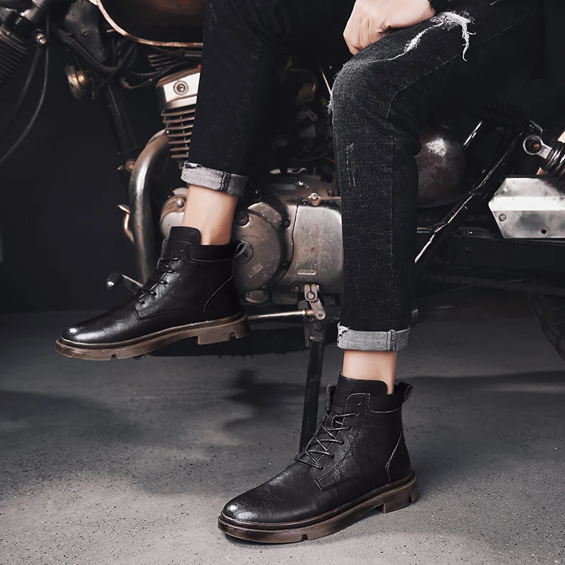 Ботильоны мужские из натуральной кожи мотоциклетные Нескользящие полусапожки