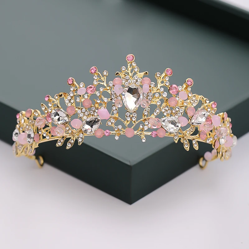 Корона принцессы невесты золотые украшения для волос Розовый кристалл свадебный