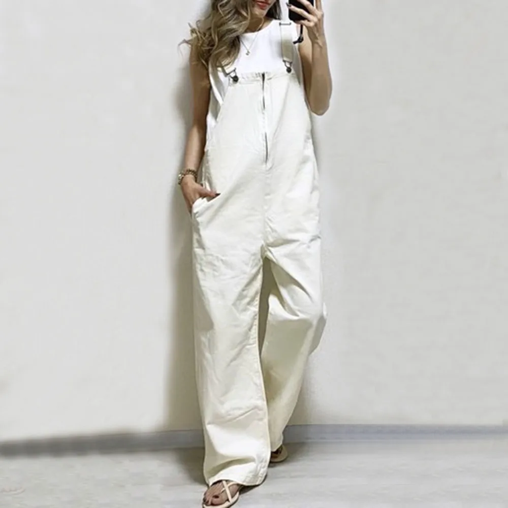 

Korean Jumpsuit Women One Piece White Chic Full Length Micro-Elastic With Pocket Straight Loose Suit Casual Office Long Rompers