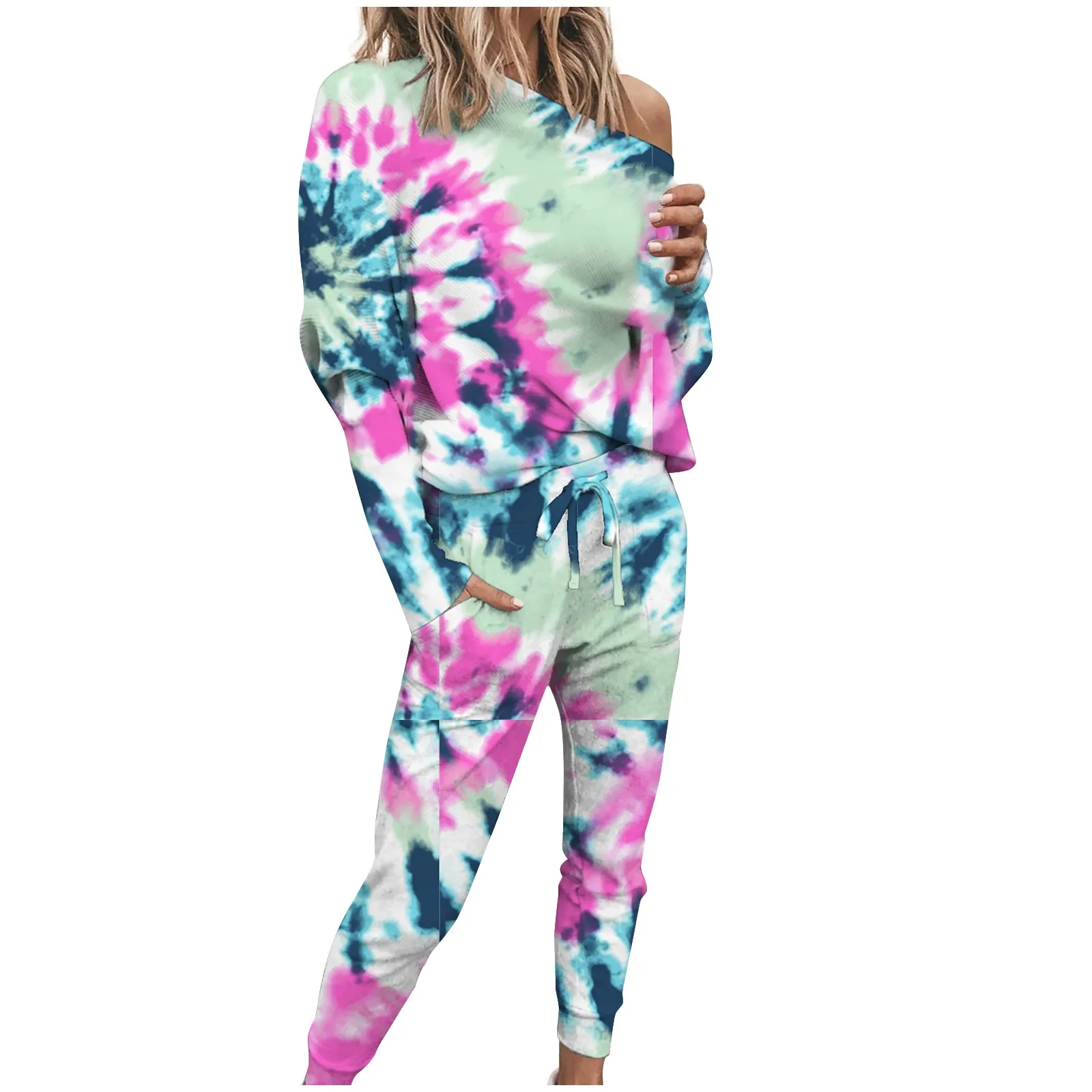 

Women's fashion Tie-dye Europe and the United States autumn and winter casual home wear long-sleeved suit Two-piece Sets