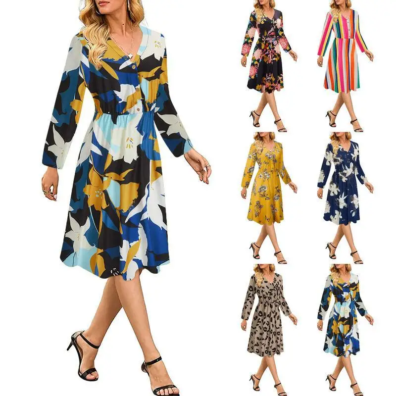 

2021 New Autumn Vintage Floral A-Line Dress Female Long Sleeve V-Neck Boho Printed Midi Dress Casual Loose Dress Lady Vestidos