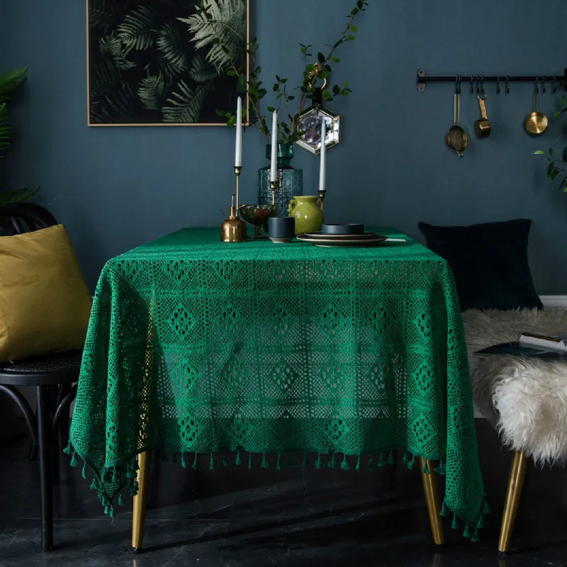 Ретро зеленая вязаная крючком скатерть хлопчатобумажная полый кофейный столик