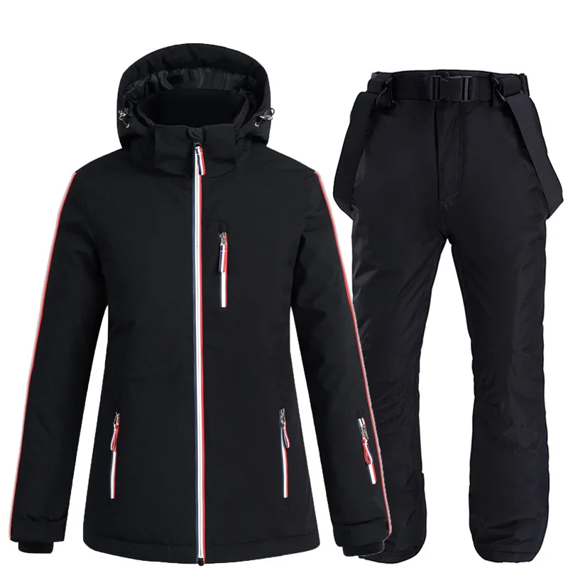 -30 Pure Color Ski Suit For Women Windproof Waterproof Snowboard Jacket Sets Winter Snow Costumes Ski Jacket + Strap Snow Pants