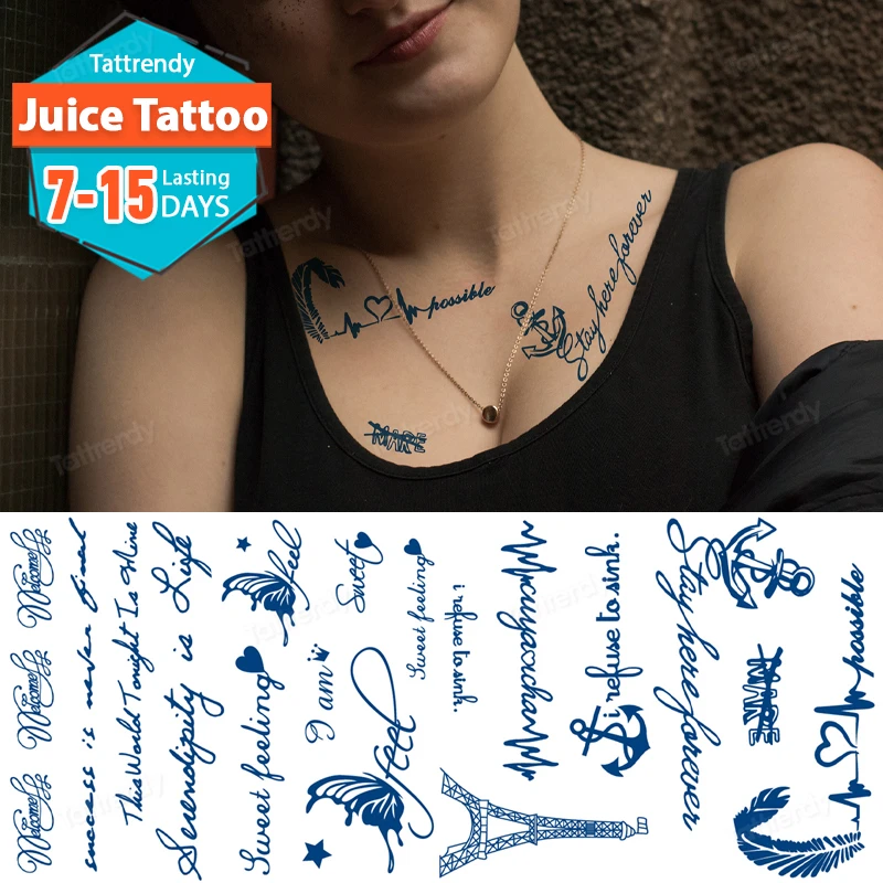 

juice ink natural temporary sticker tattoo english letter heartbeat simple tattoo long lasting 7-15 days semi-permanent tattoos