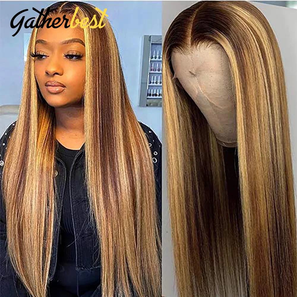 Ombre Honey Blonde 180 Density Human Hair Wigs Human Hair Ombre P4/27 Straight Highlight Lace Front Wigs 100% Raw Remy hair