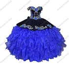 Пикантные черные сапоги из бархата ярко-синяя органза оборками 2022 с открытыми плечами Бальные Вечерние платья Charro Мексиканская сладкий 15 XV Anos Выходные туфли на выпускной