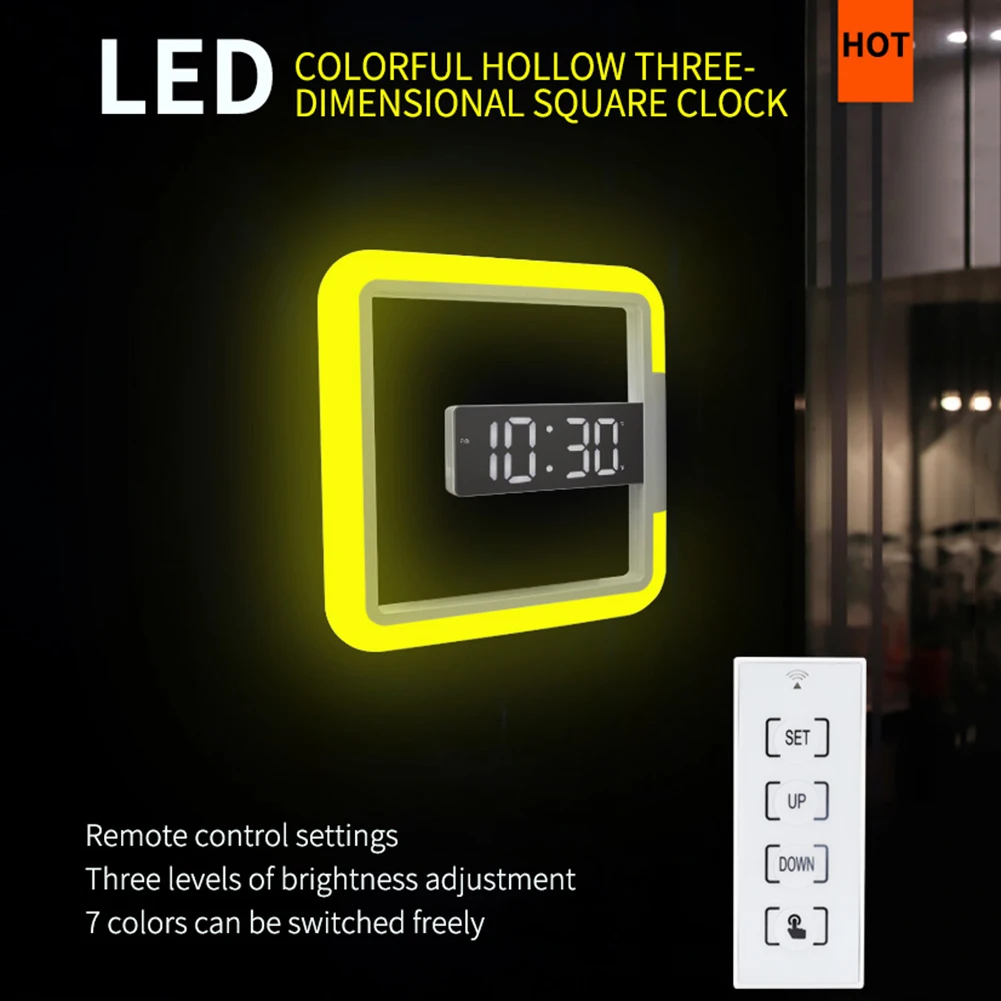 

3D LED Digital Watch Clock Alarm Clock Mirror Hollow Wall Clock 7 Colors Modern Temperature Date Night Light For Home Living Roo