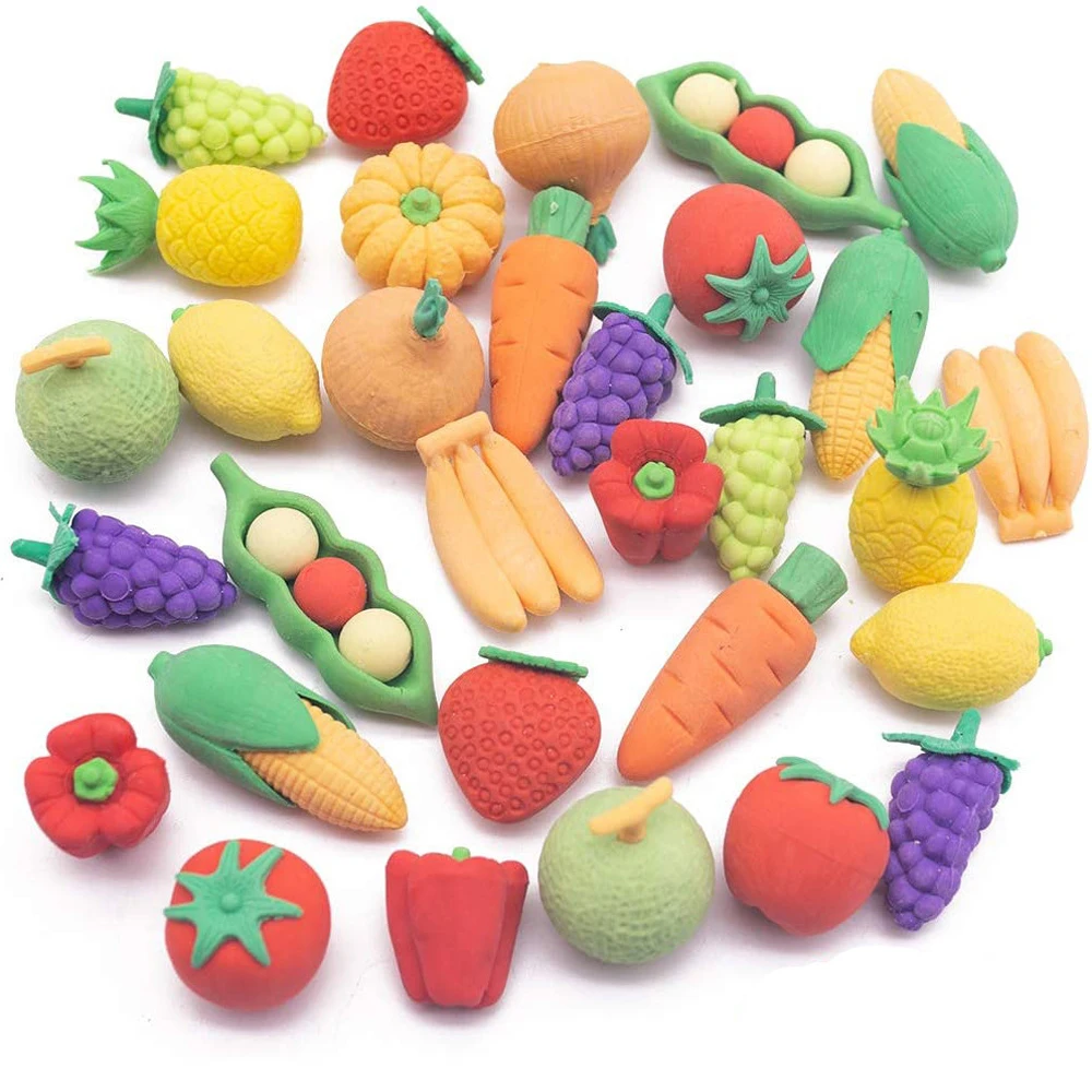 

10pcs Colorful Mini Fruits Vegetables Pencil Erasers for Children Party Favors Student Prize Packs School Supplies Toys Gifts