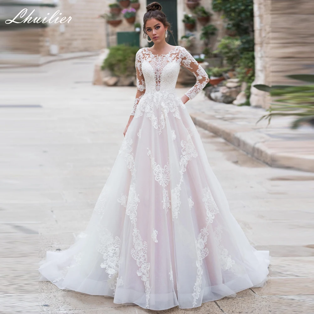 

Lhuilier A-line Illusion Scoop Neck Lace Appliques Wedding Dresses 2020 Full Sleeves Floor Length Bridal Dress with Court Train