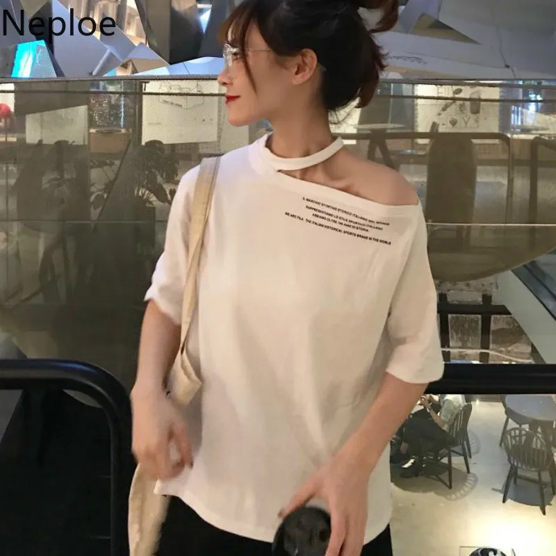 Neploe плечо без бретелек женские футболки лето Hong Kong стиль o-образным вырезом футболки сексуальная свободная, с принтом в виде надписи женские топы 44048