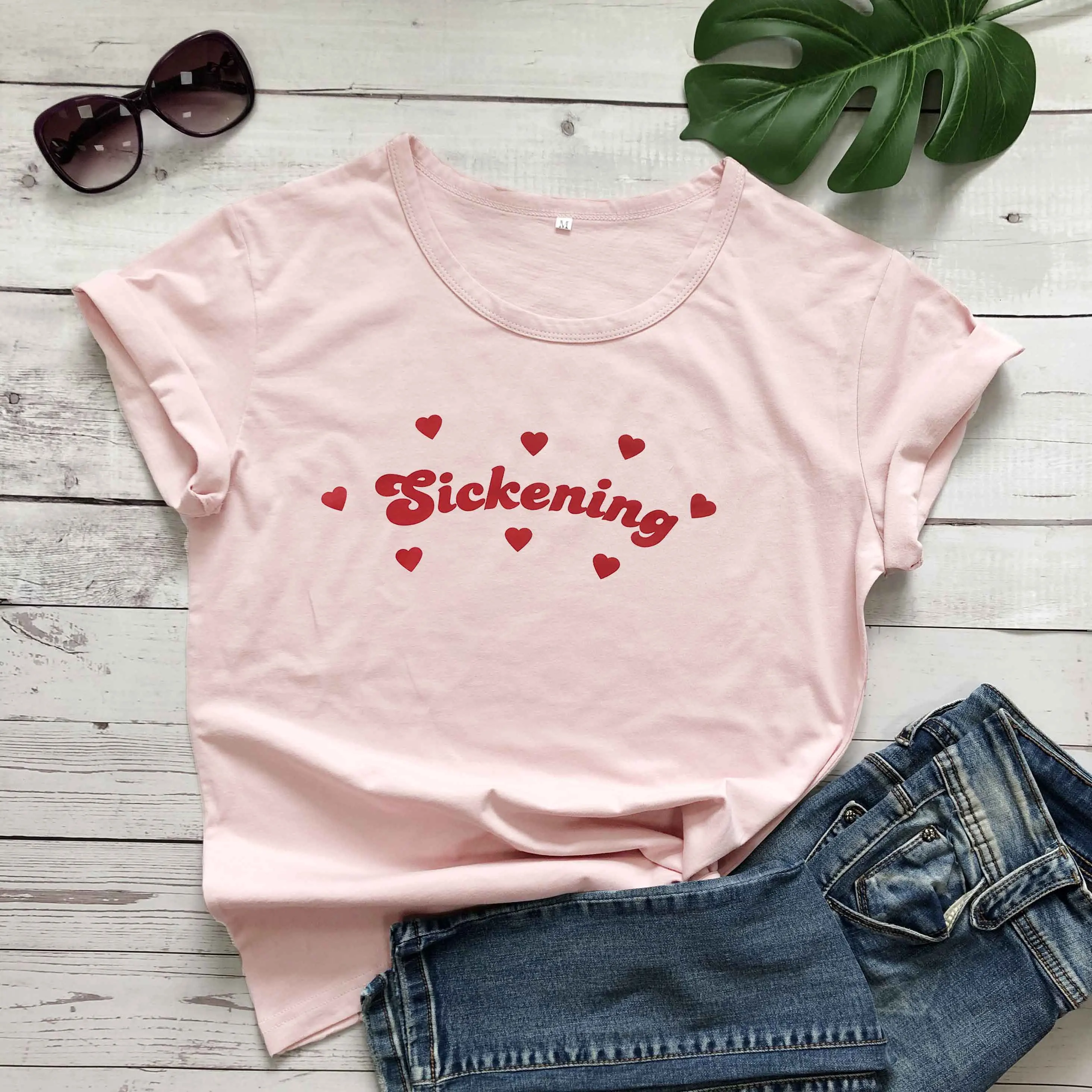 Peach - red txt Женская розовая футболка с сердечками Tumblr, модная Милая футболка, camiseta rosa feminina, белая футболка с рисунком сердца, топы - Цвет: Peach - red txt