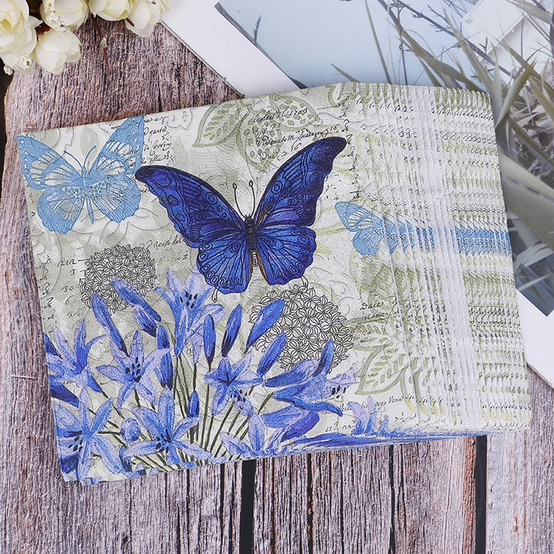 20 purple flower blue butterfly handkerchief decoupage Vintage napkin paper tissue wedding birthday party X-mas serviettes decor | Дом и сад