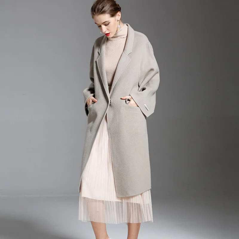 Goede Lange Wollen Blends Kasjmier Jassen Voor Vrouwen 2019 Herfst Winter Dames Jassen Plus Size Overjas Dubbelzijdig Lichtgrijs Casual