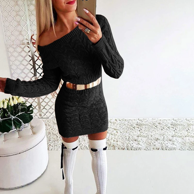 

Long Sleeve Off Shoulder Solid Knit Women Fashion Sweater New Autumn Mini Dress Fleece Warm Basic Short Party Dresses Sale