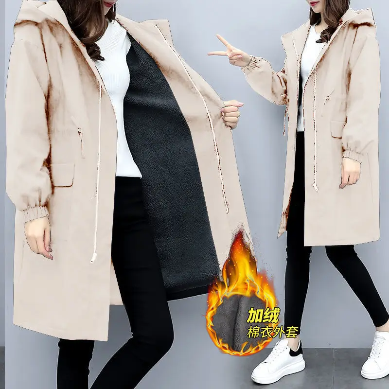 

Trench Coats Women Autumn Winter Hooded Drawstring Pocket Zipper Long Outwear Plus Size Elegant Ladies Thicken Windbreaker Coats