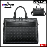 bopai new double layers mens leather business briefcase 15 inch casual man shoulder bag messenger bag male laptops handbags