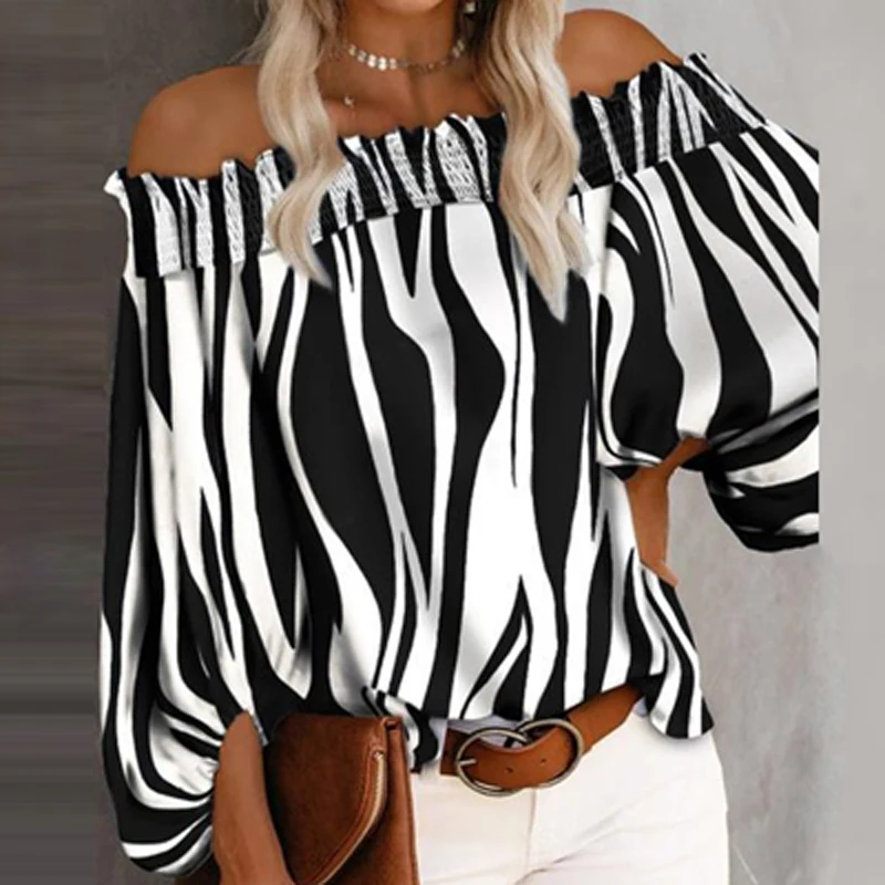 

Vintage Slash-neck Blouse Women 2021 autumn Fashion Long-sleeved Striped Pullover Shirt Print Casual Loose Ladies Elegant Tops