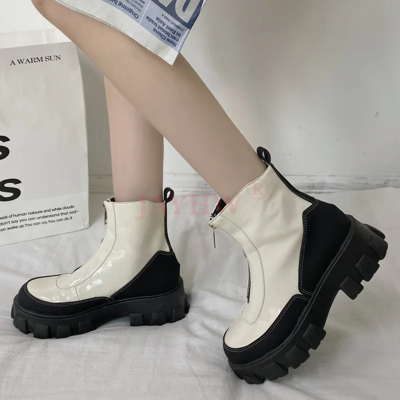 

JAYHW New Ladies Boots Women'S Ankle Boots Fashion Patent Leather Shoes Women Zipper Thick Bottom Martin Boots Female Footwear