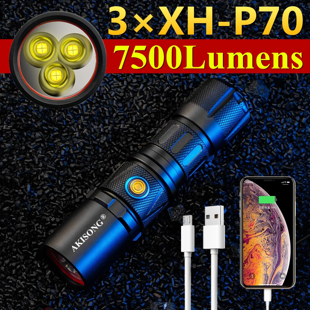 

3*CREE XH-P70 High Power Outdoor Hunting LED Powerful Flashlight USB Charging 26650 Patrol Camping Ultra Bright Tactical Torch
