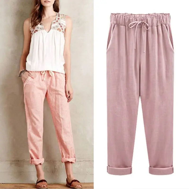 

Women Plus Size Cuffed Ankle Length Cropped Pants Solid Color Loose Casual Harem Trousers Drawstring Waist Thin Streetwear M-5XL