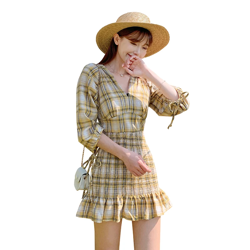 

Summer Sexy Vintage Preppy Short Party Dress Mini Women Plaid Dress Youthful Korean Runway 2021 New Fashion Slim Cool Wrap Dress