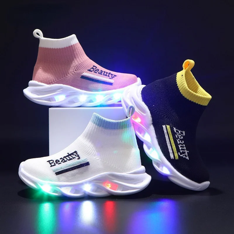 

High Quality LED Light Sock Boys Girls Sneaker Illuminated Baby Sneakers Children Luminescence Walking Baby Soft Soled Shoes