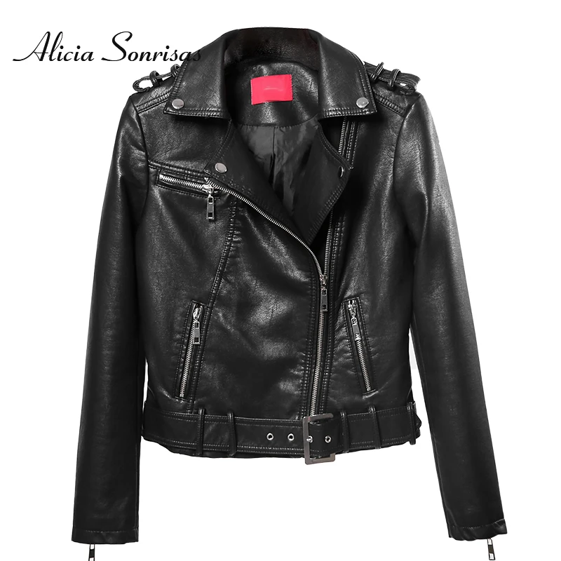 Женская мотоциклетная куртка из искусственной кожи Короткая Черная байкерская