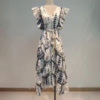 bowknot female dresses for women v neck sleeveless high waist lace up fashion vintage patchwork ruffle dress