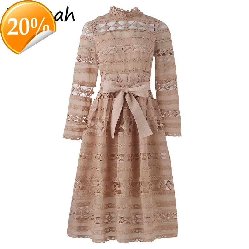 

Spring Women Fashion Runway Party A-Line Dress lace hollow arches Feast Printed ladies Slender Midi Dresses Vestidos