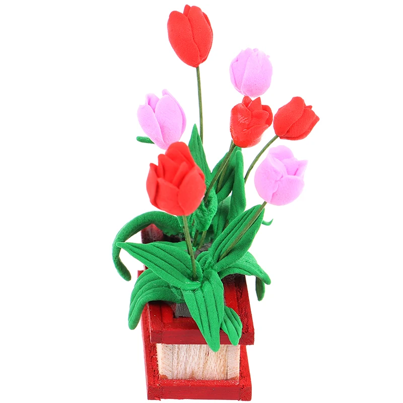 Hot sale Mini Model Tulip Flower Pots Wooden Toy House Decoration 1:12 Dolls Furniture DIY Dollhouse Garden Accessories | Игрушки и