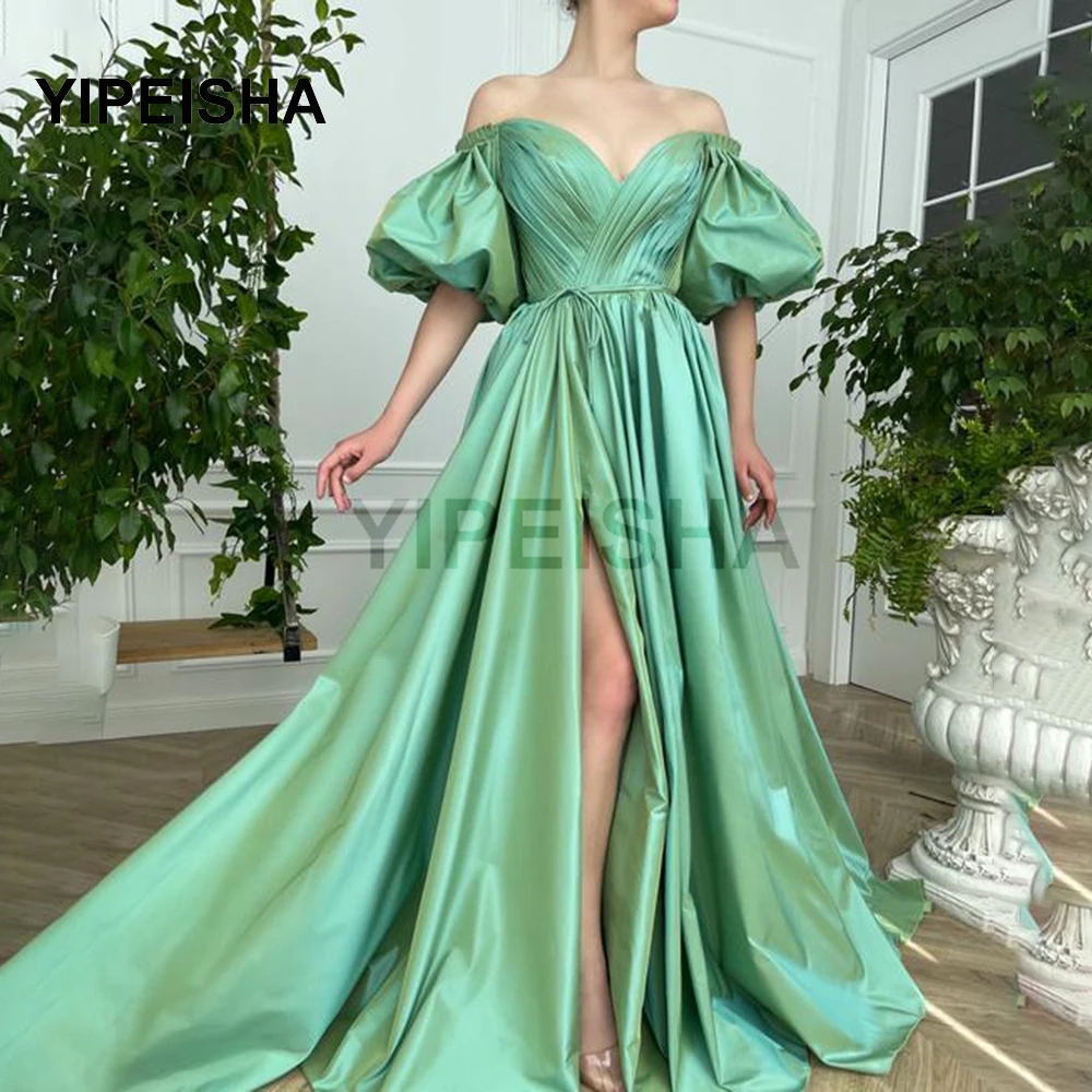 

2021 New Sweetheart V-Neck Evening Dress Cap Sleeves Front High Split A-Line Sweep Train Pleat Prom Party Gown robes de soirée