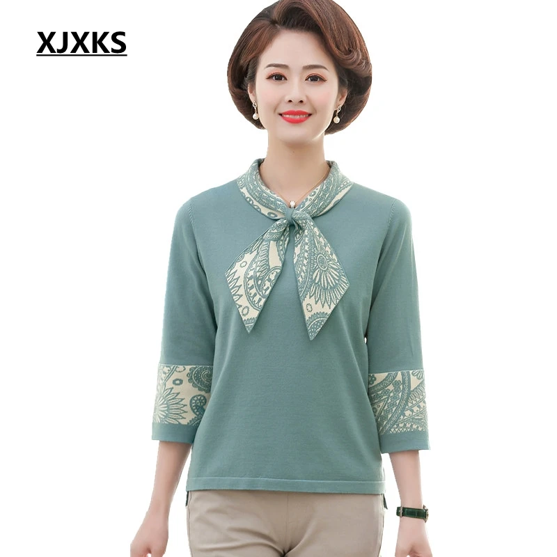 Женский свитер с бантом на воротнике XJXKS вязаный и пуловер 7/10 рукавами джемпер