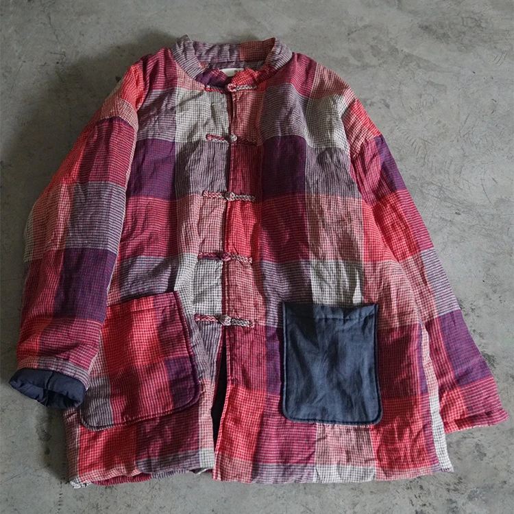 

Original yarn dyed Plaid winter retro button linen cotton padded clothes women's loose cotton padded jacket