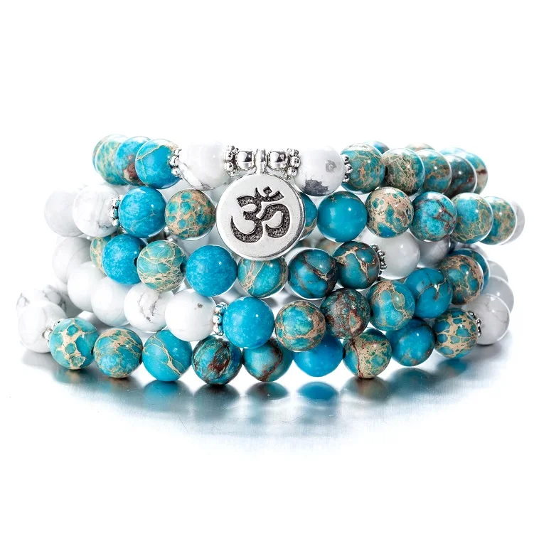 howlite OM Женские 108 бусины, розовые камни, эластичные браслеты, Lotus OM, Будда, молитва, любовь, массивные ювелирные изделия - Окраска металла: howlite OM