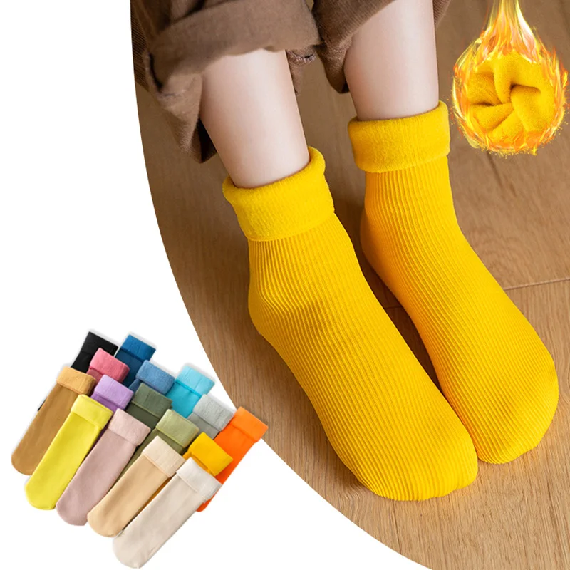 

Child Socks Winter Cotton Thicken Warm Tube Velvet Socks Vertical Stripes Solid Color Home Floor Outdoor for Boys Girls