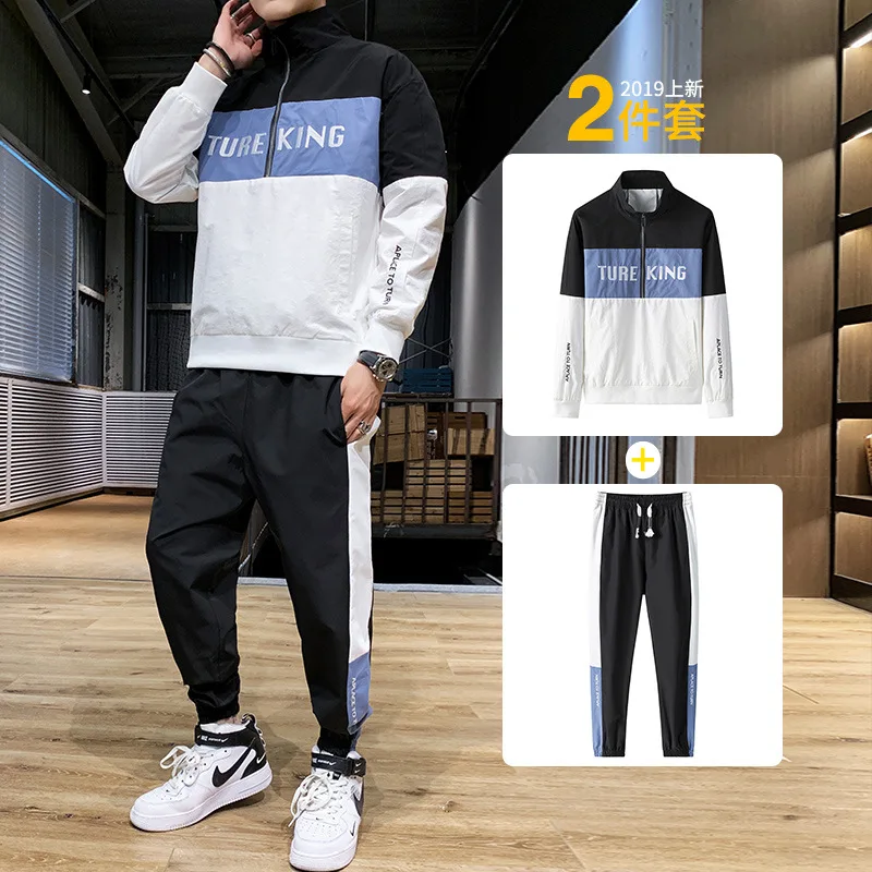 

Spring Autumn Hoodies Set Mens Tracksuit Patchwork Outfit Sportswear Hip pop Pullover Two Piece Set Casual Youngster Set