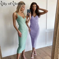 2021 knitted v neck sexy womens party dress solid color sleeveless strap dresses mid calf sleeveless summer skinny party wear