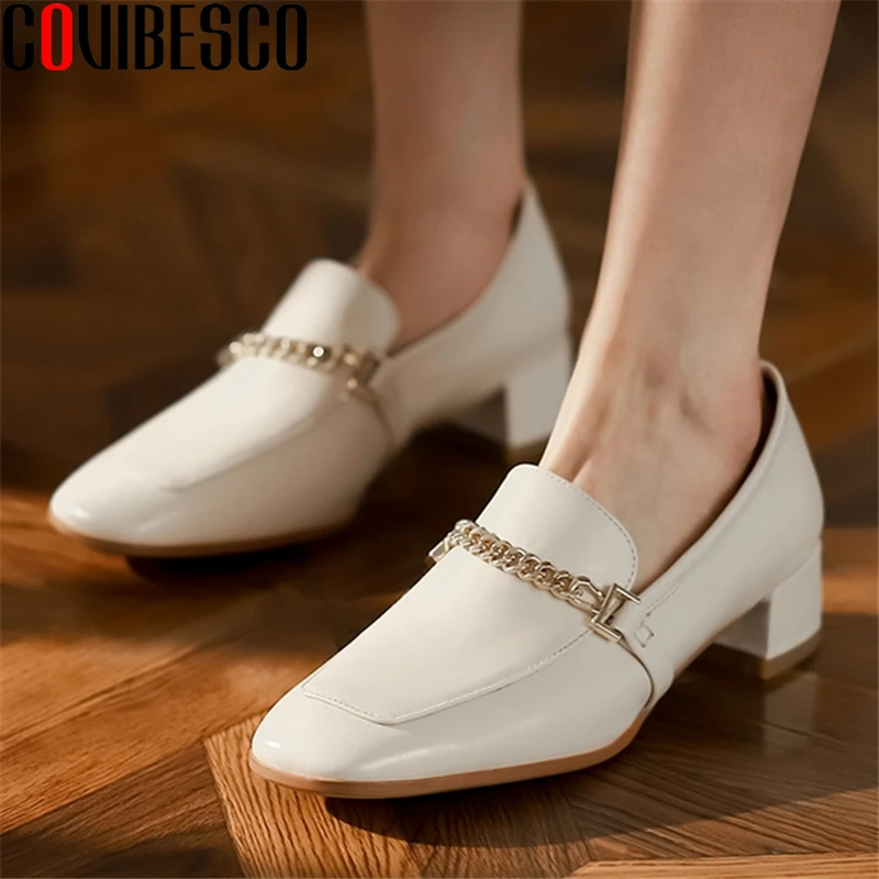 

COVIBESCO Classic Women Pumps Spring Summer New Chain Thick Heels Genuine Leather Working Casual Square Toe Concise Shoes Woman