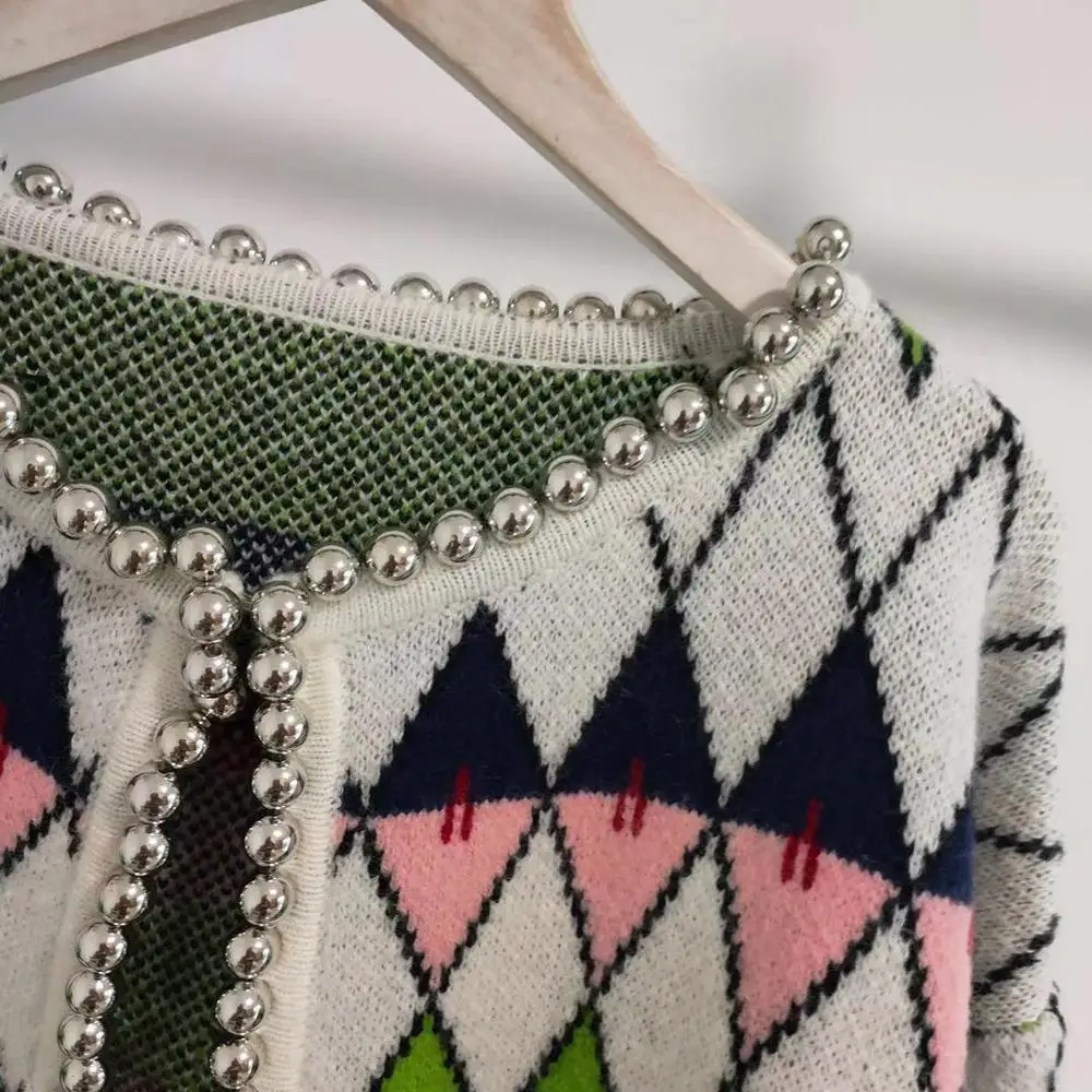 

Knitted Sweater Cardigan Women Winter Clothes Highstreet Beading O-Neck Casual Argyle Plaid Vintage Outwear Top Pull Femme Hiver