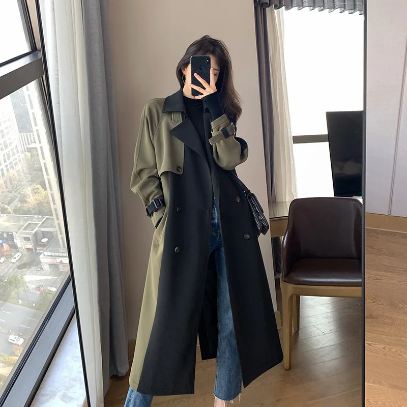 

Trench Coat For Women Black Long Section Autumn Hit Color Korean Waist Was Thin Thick British Style Stitching Jacket Female Y360